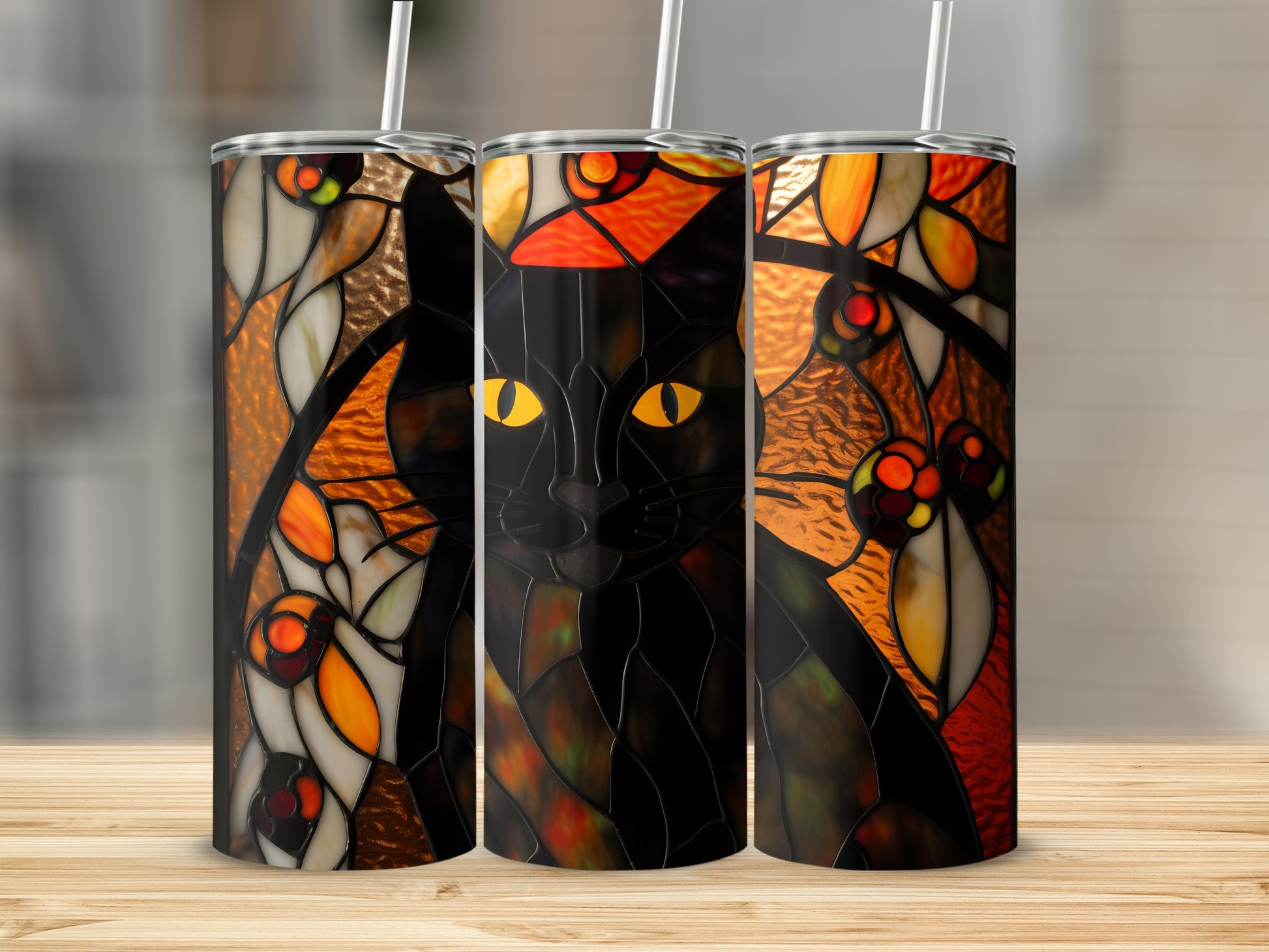 Black cat with yellow eyes in stained glass pattern on tumbler.