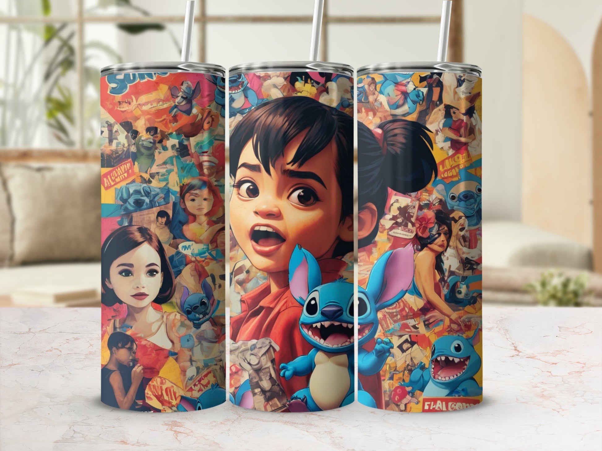 Three tumblers featuring characters from Disney's Lilo & Stitch and Turning Red.
