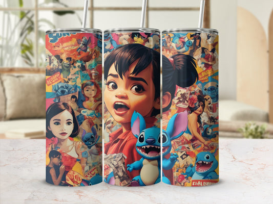 Three tumblers featuring characters from Disney's Lilo & Stitch and Turning Red.