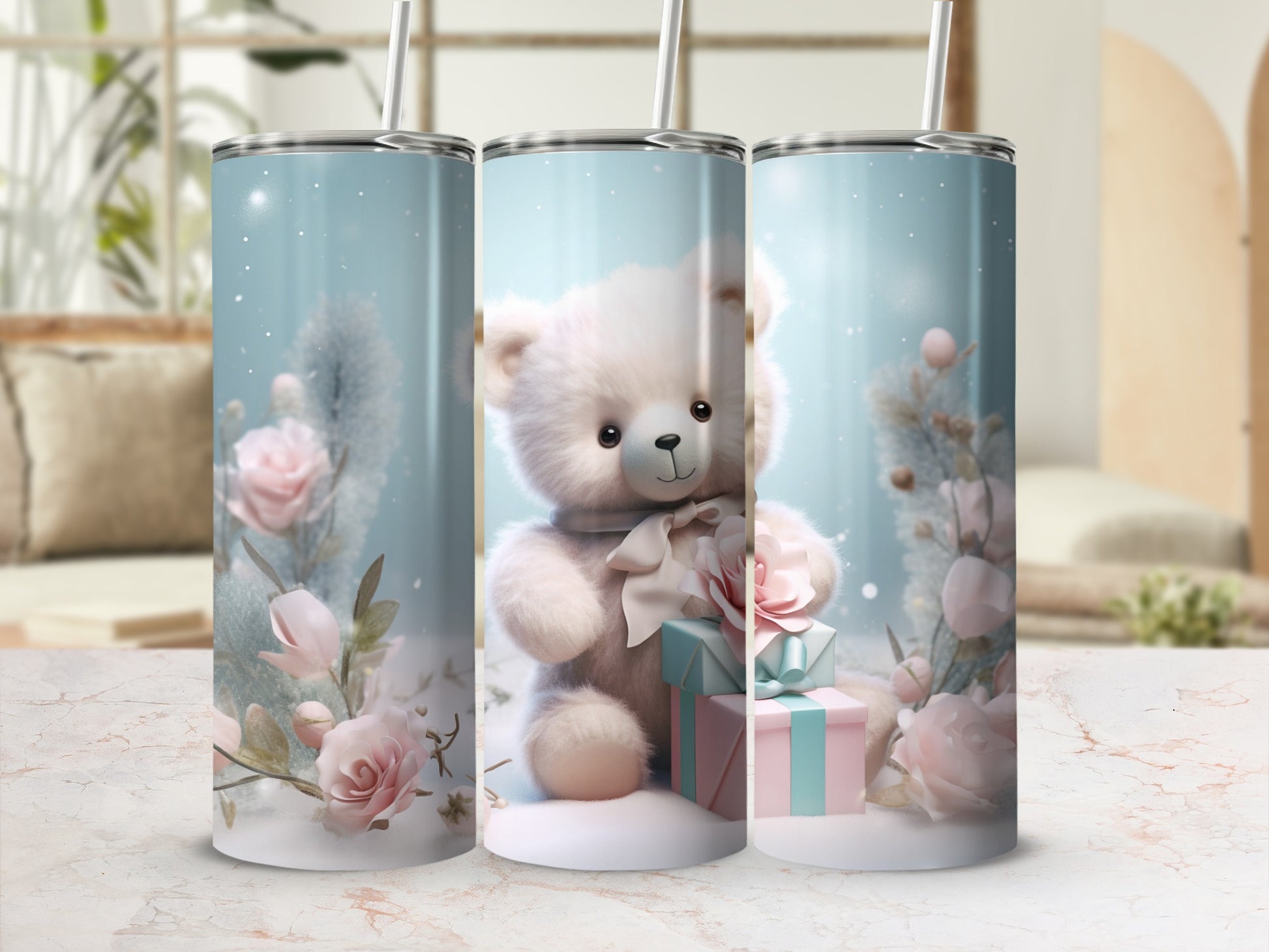Cute Teddy Bear with Flowers and Gift Tumbler Product