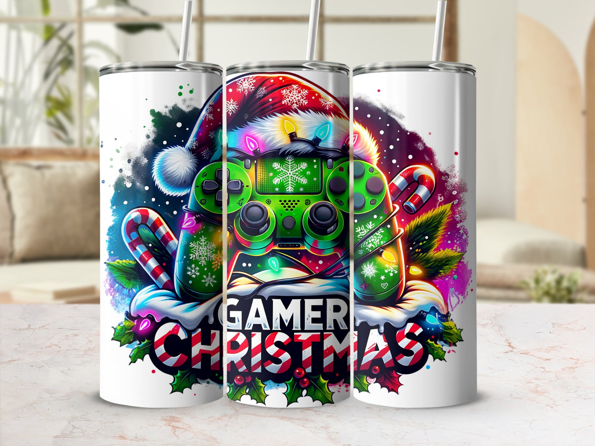 Gamer Christmas tumbler with Santa hat, candy canes, and colorful lights.