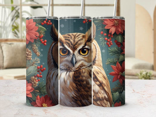 Great Horned Owl with poinsettias and pine branches on a tumbler.