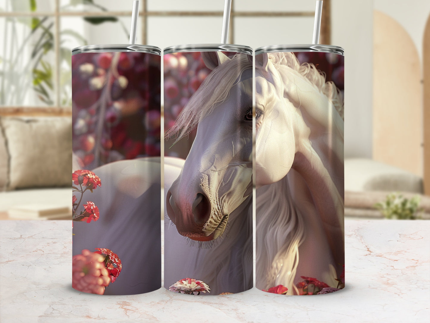 Three tumblers featuring a white horse with flowers and blurred background.