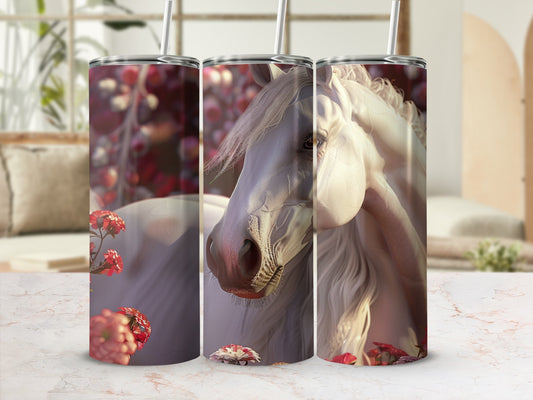 Three tumblers featuring a white horse with flowers and blurred background.
