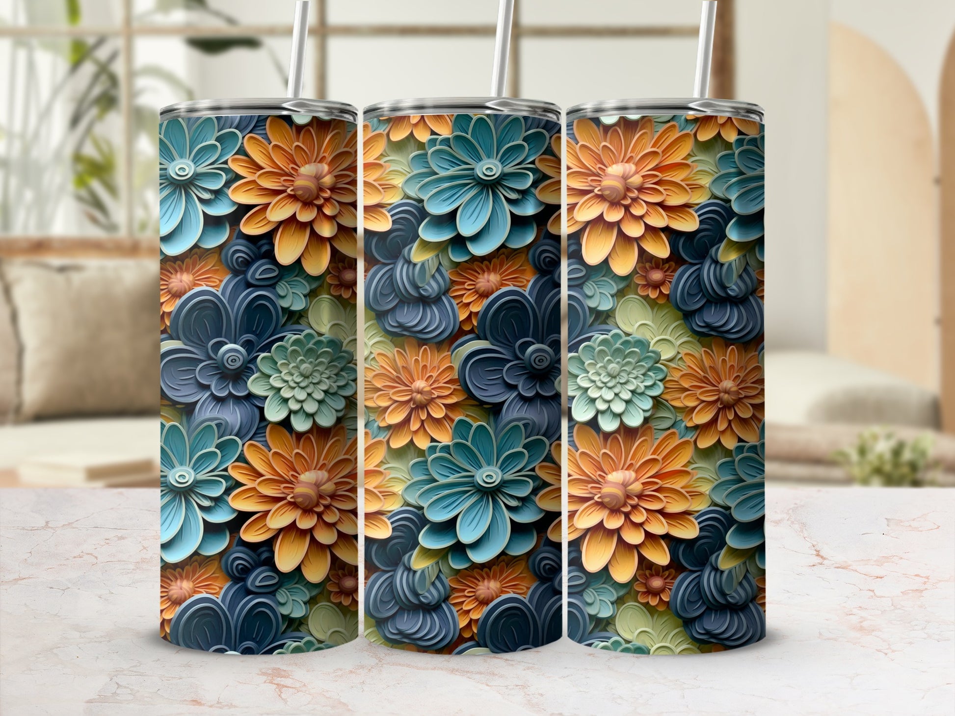 Elegant Floral Pattern Stainless Steel Tumbler Cup
