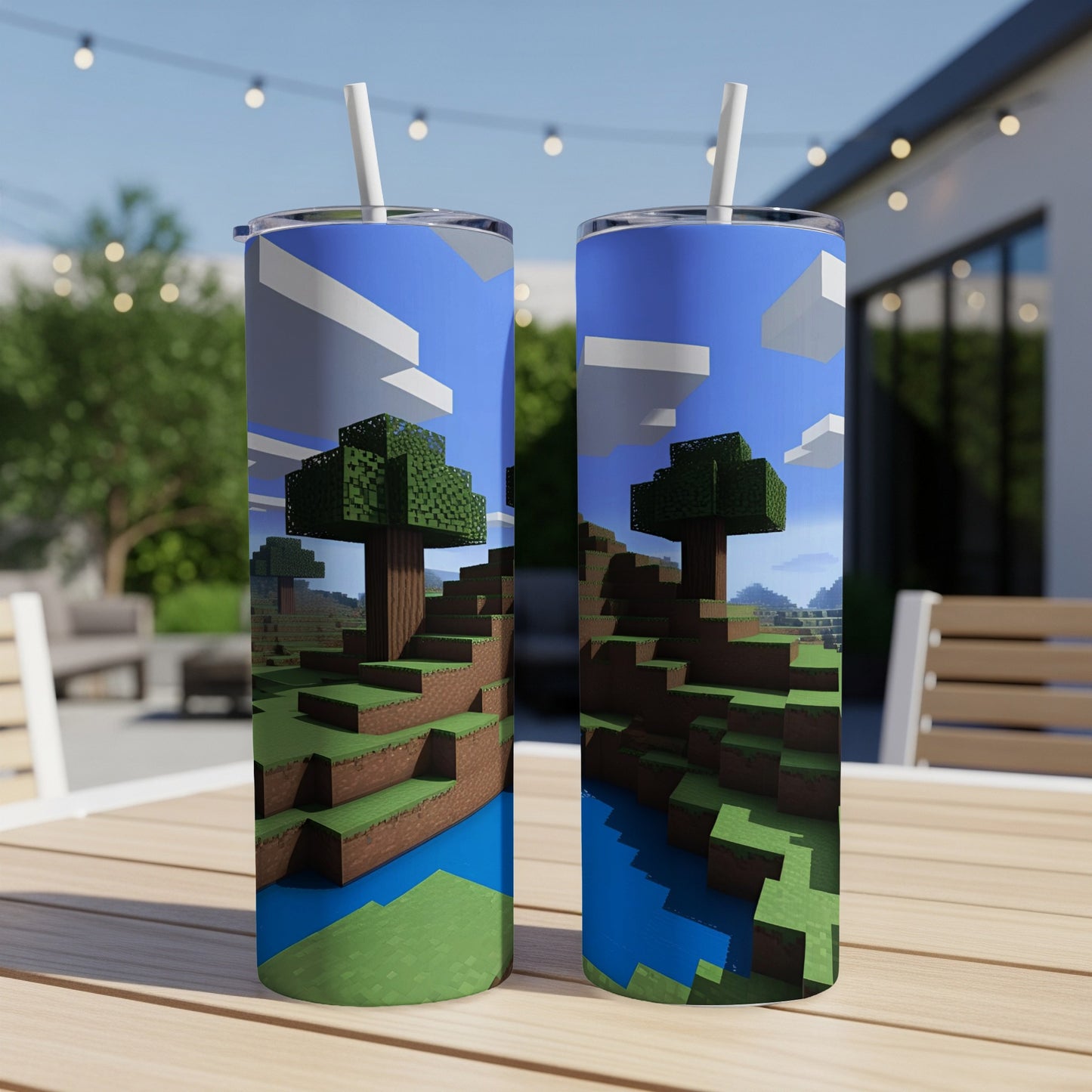 Two Minecraft-themed tumblers featuring pixelated trees and water.