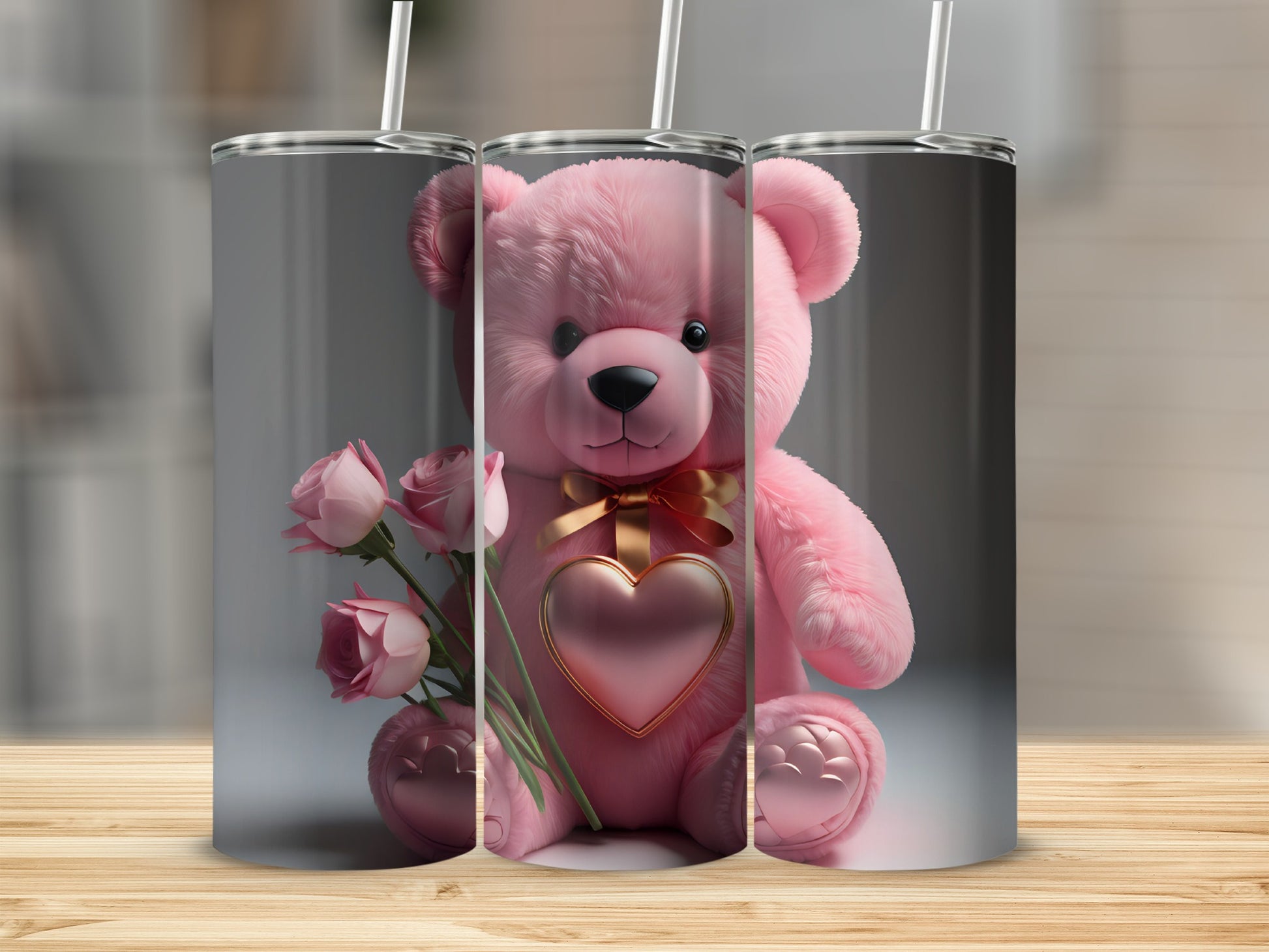 Adorable Pink Teddy Bear with Roses Tumbler Product