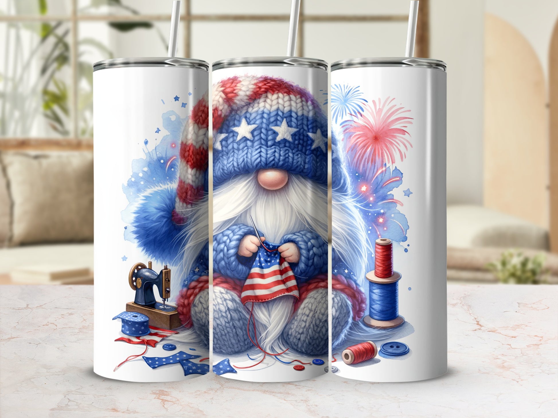 Gnome knitting a U.S. flag with sewing notions and fireworks.