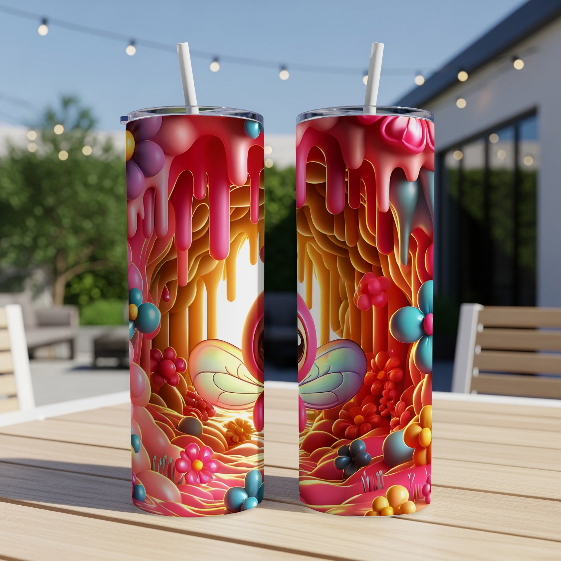 Two pink tumblers with whimsical creature, flowers, and dripping glaze art.