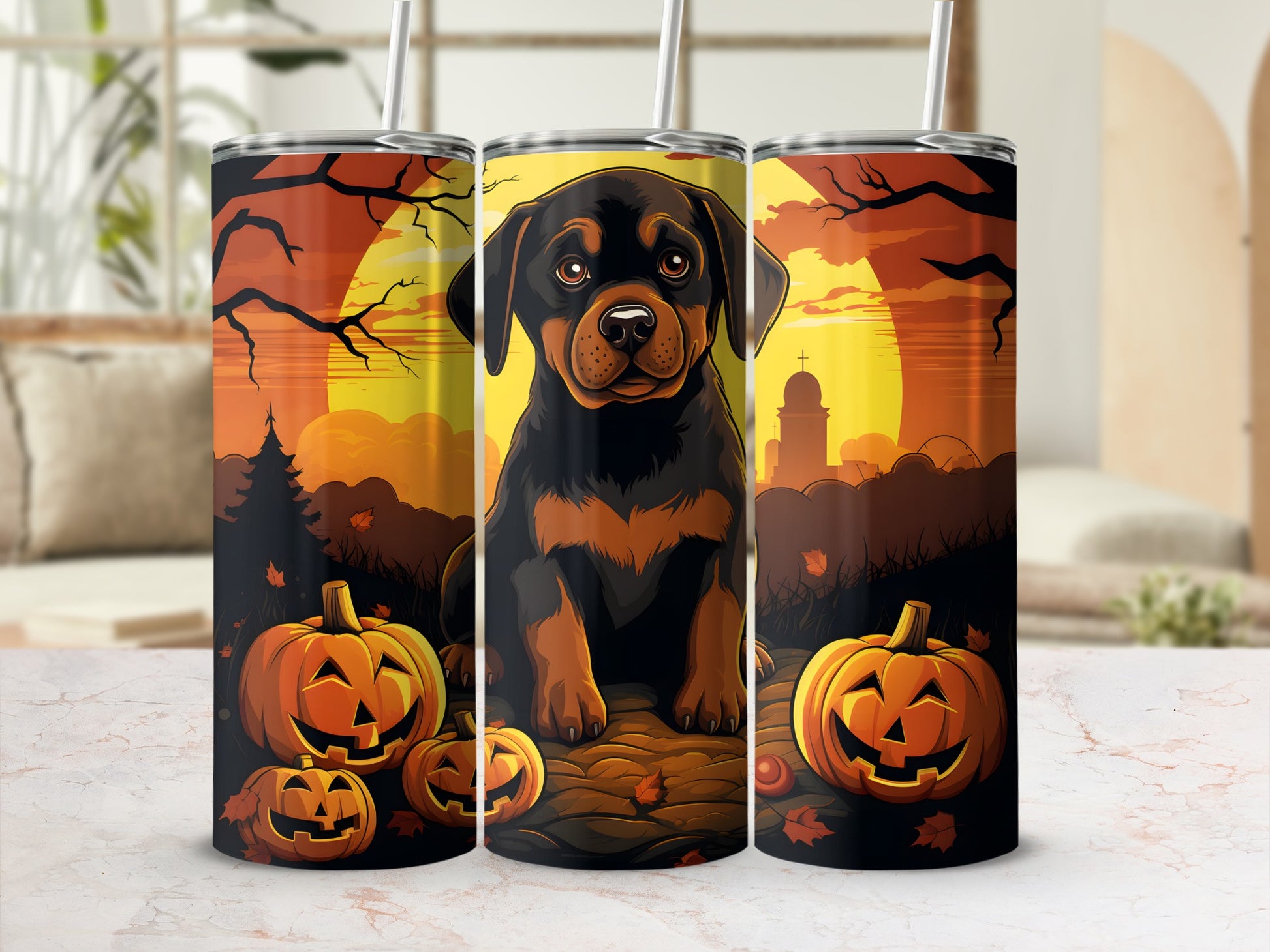 Halloween tumbler with Rottweiler and pumpkins against a sunset sky.