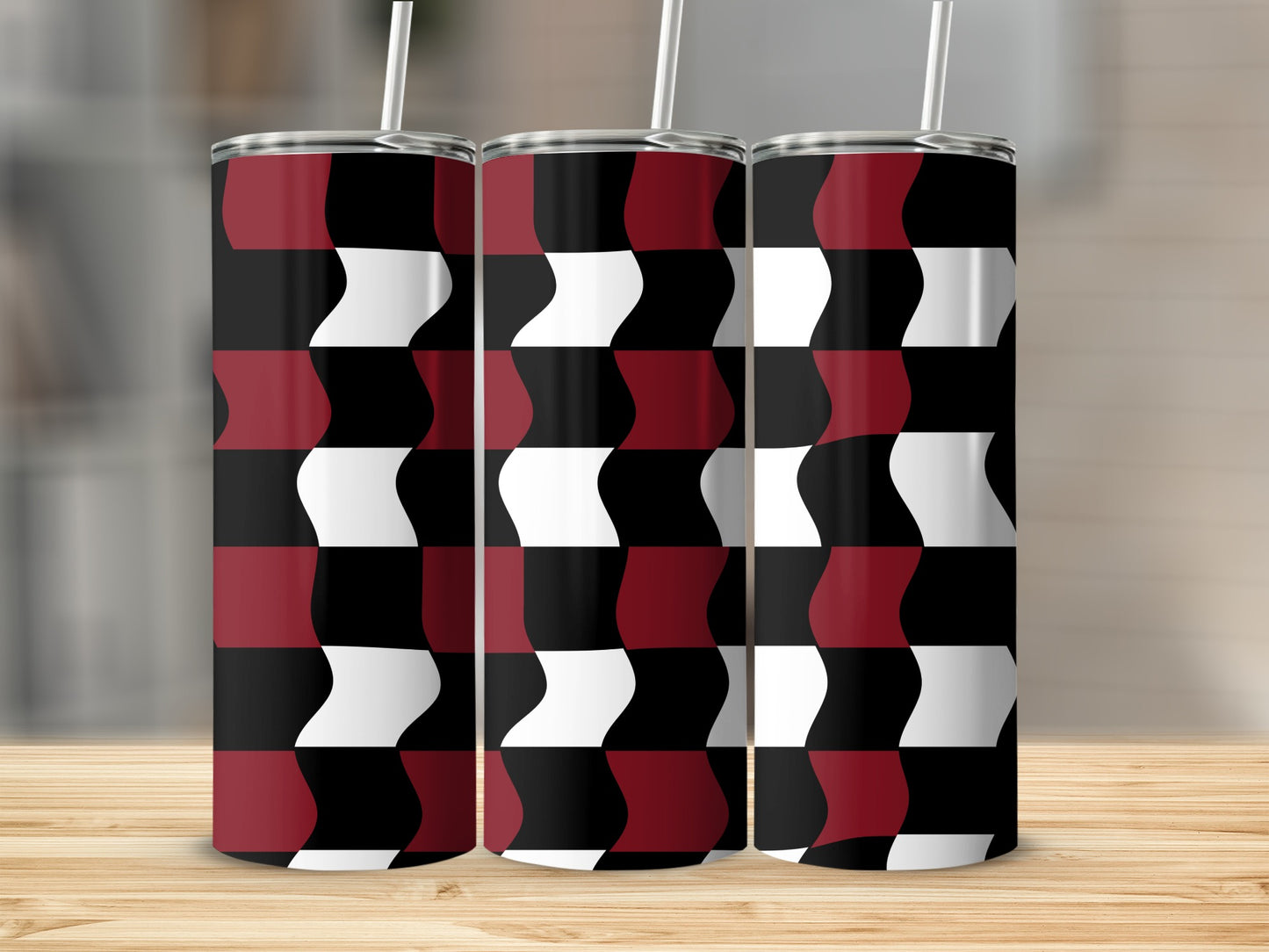 Three tumblers with a red, black, and white checkered wavy pattern.
