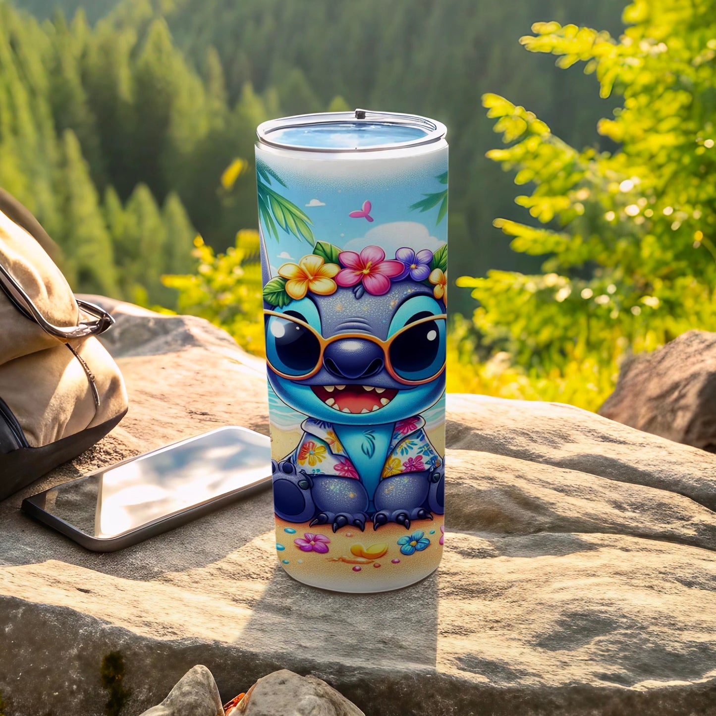 Cute Blue Character in Tropical Background tumbler
