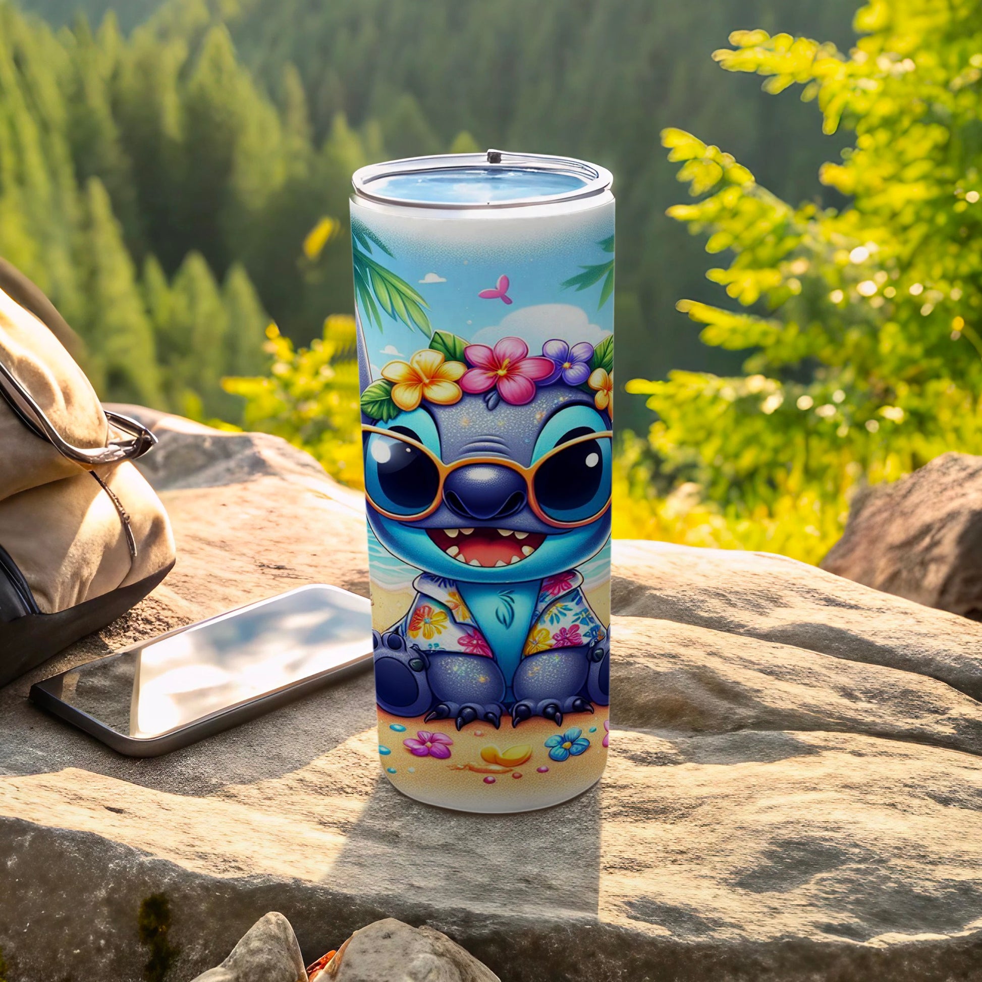 Cute Blue Character in Tropical Background tumbler