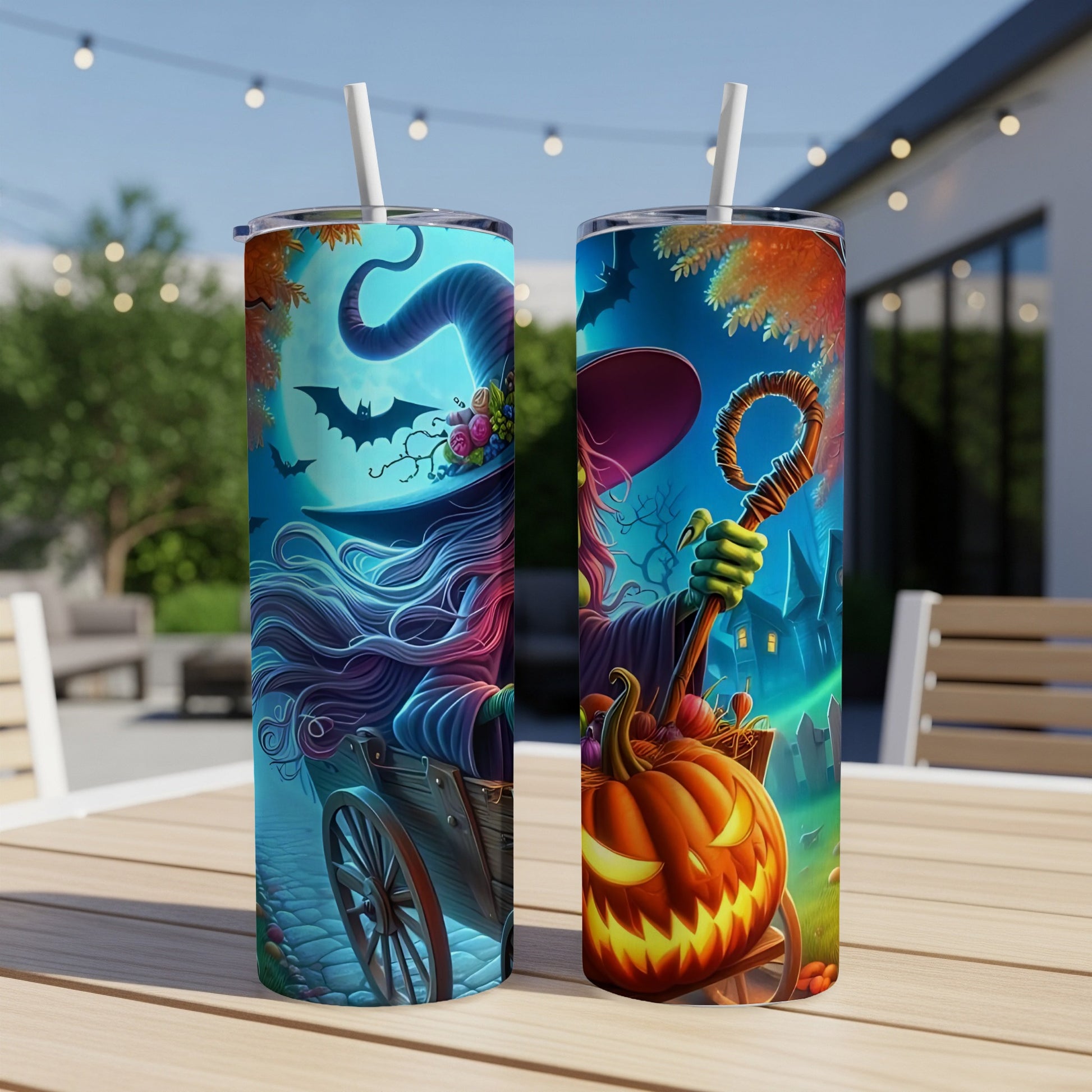 Two Halloween-themed tumblers with witches, pumpkins, and bats, displayed outdoors.
