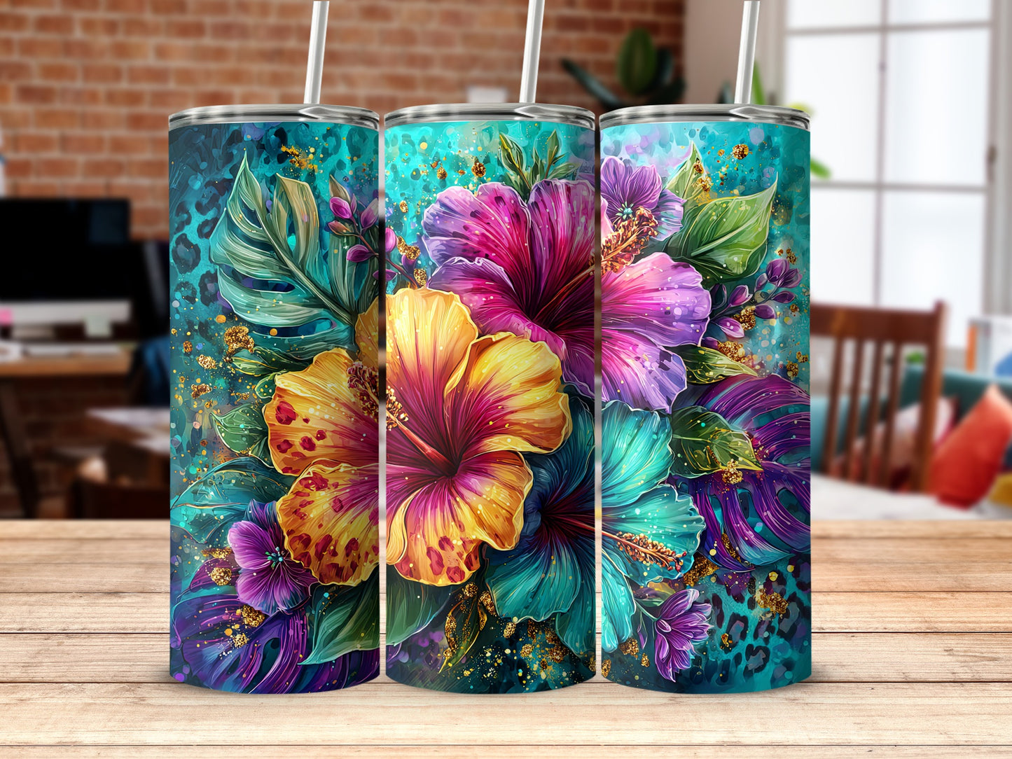 Tropical Floral Insulated Tumbler with Colorful Hibiscus