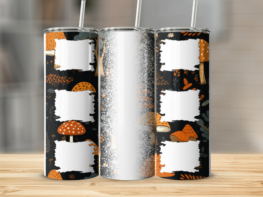 Three tumblers with mushroom and leaf patterns, two with white label spaces.