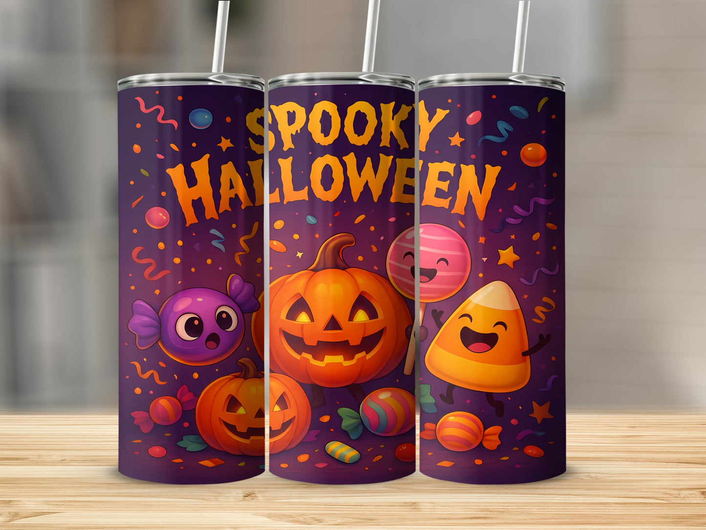 Three Halloween-themed tumblers with pumpkins, candy, and the text "Spooky Halloween".