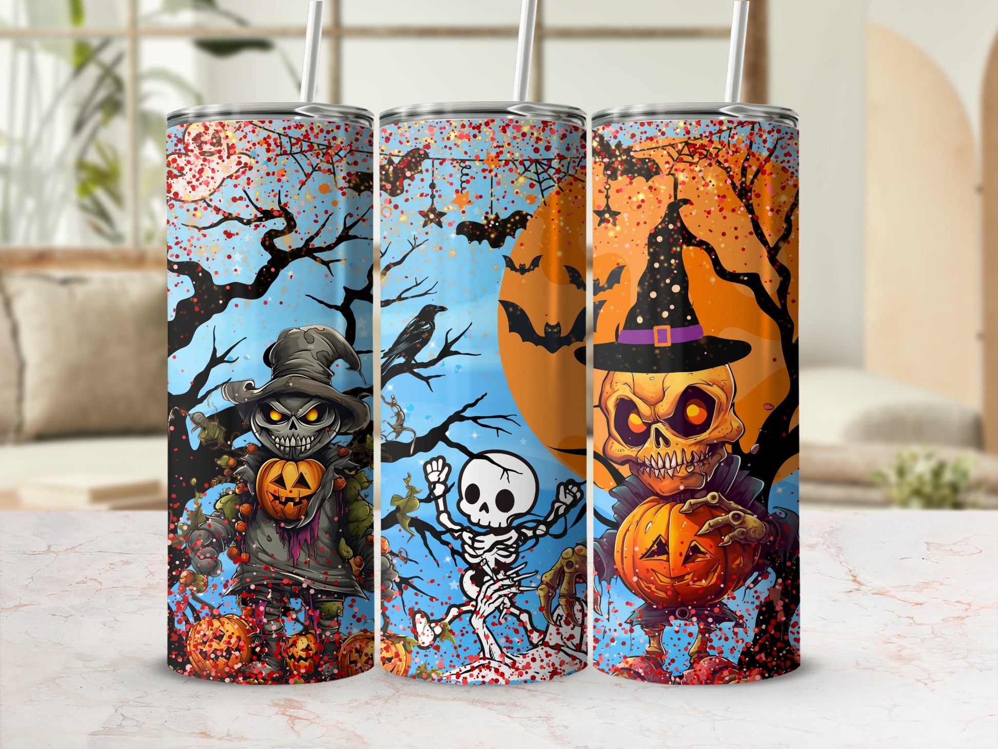 Spooky Halloween Themed Tumblers with Skeletons