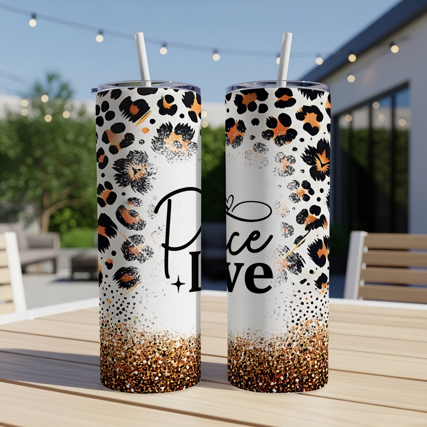 Two tumblers with leopard print and glitter accents, saying "Peace Love".