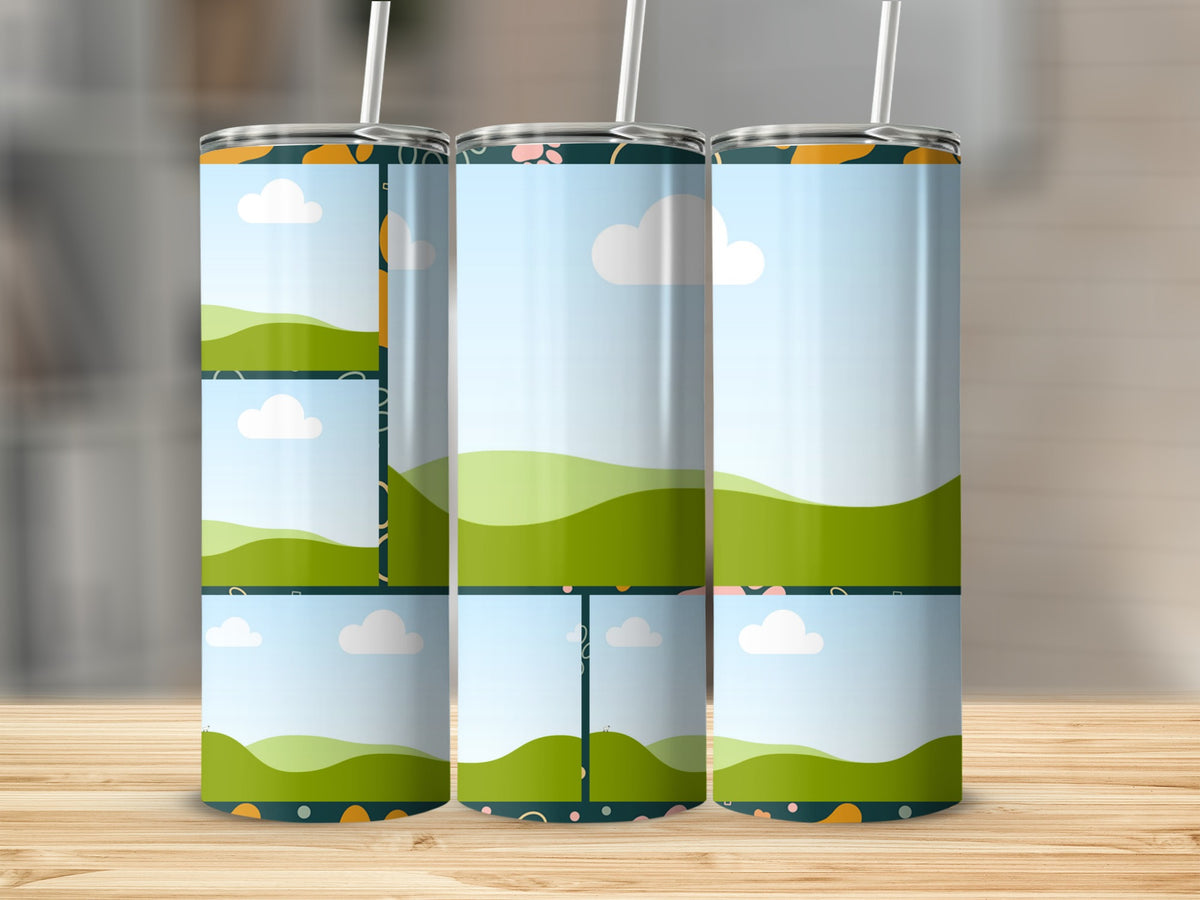 Three tumblers with a nature scene and floral pattern design.