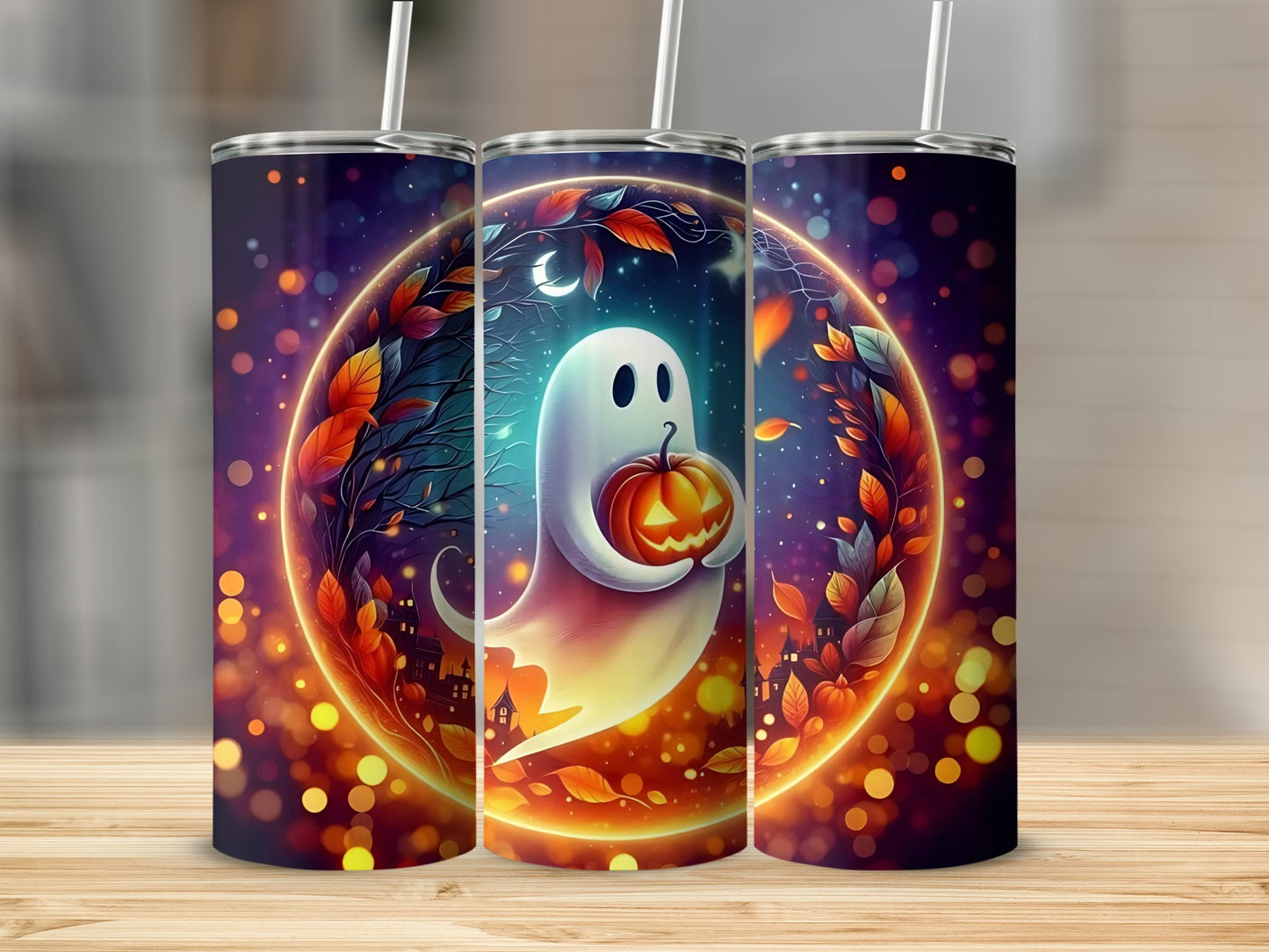 Three tumblers with a Halloween ghost design holding a pumpkin on a bokeh background.