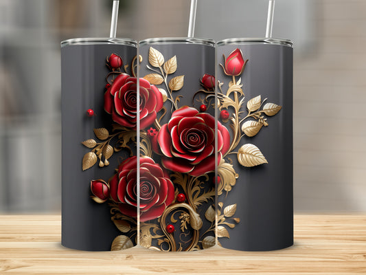 Three dark tumblers with red roses and gold leaf design.
