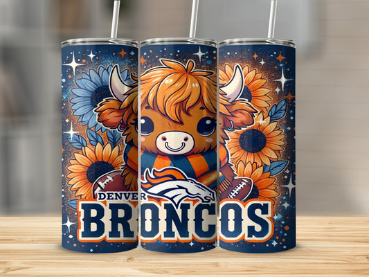 Denver Broncos highland cow with sunflowers and footballs on a blue speckled tumbler.