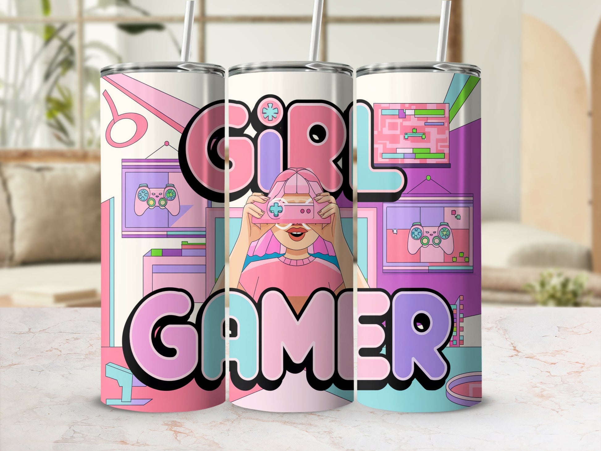 Tumbler with 'Girl Gamer' text featuring a person holding a pink video game controller.