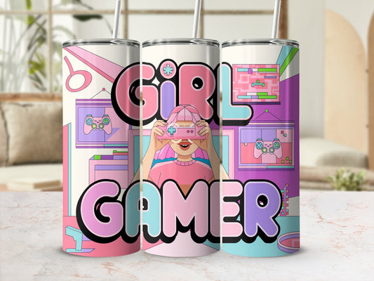 Tumbler with 'Girl Gamer' text featuring a person holding a pink video game controller.