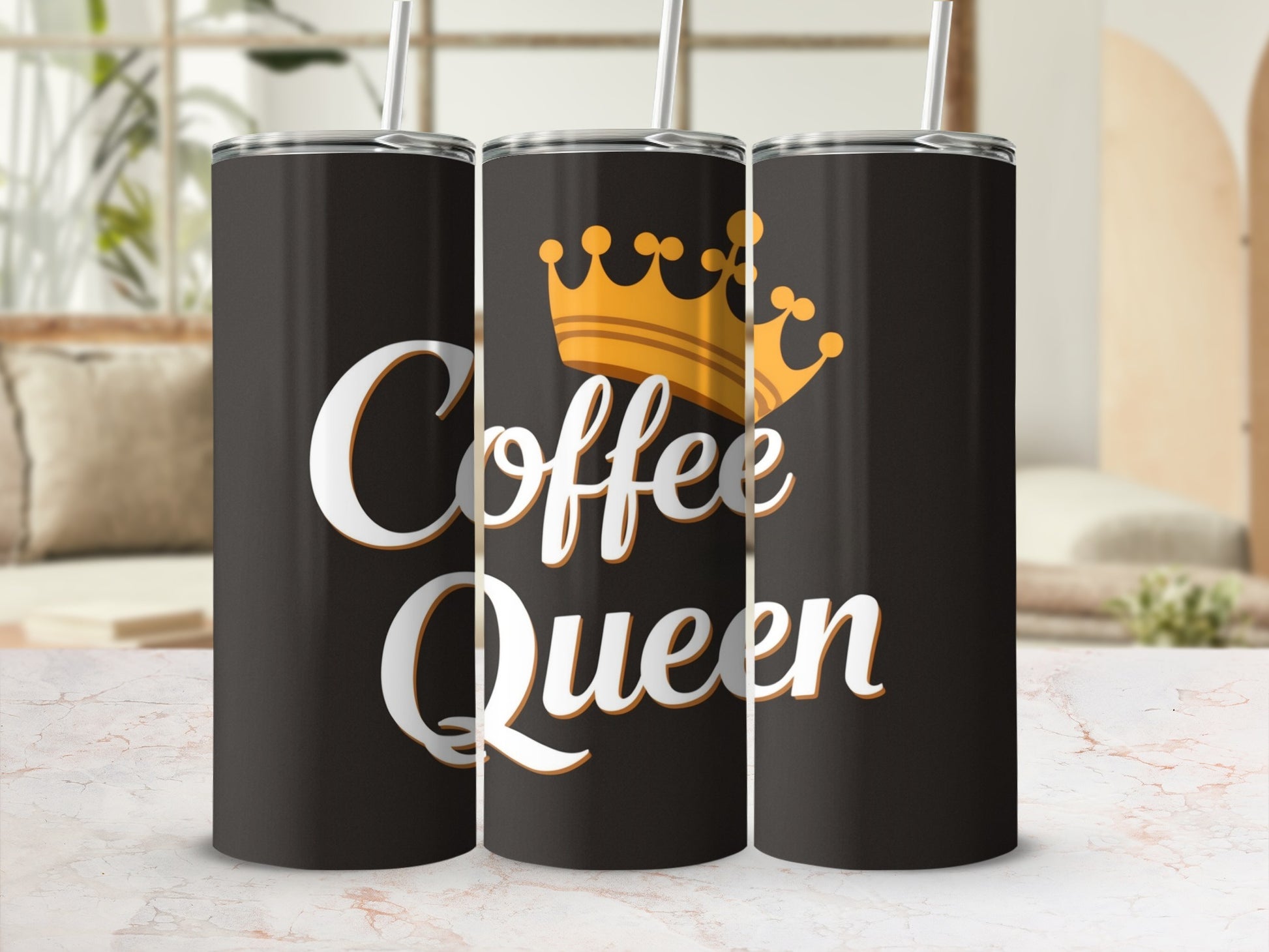 Black tumbler with "Coffee Queen" and a golden crown design.