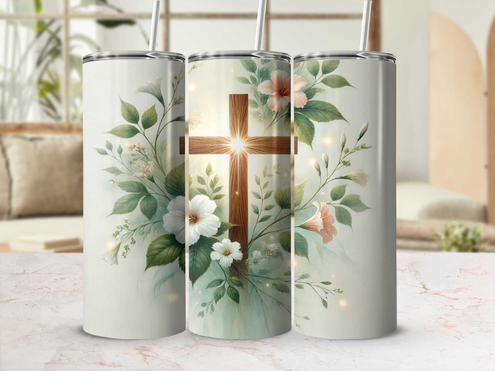 Floral and Wooden Cross Design Tumbler with Straw