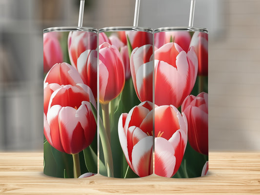 Three tumblers featuring a close-up pattern of red and white tulips.