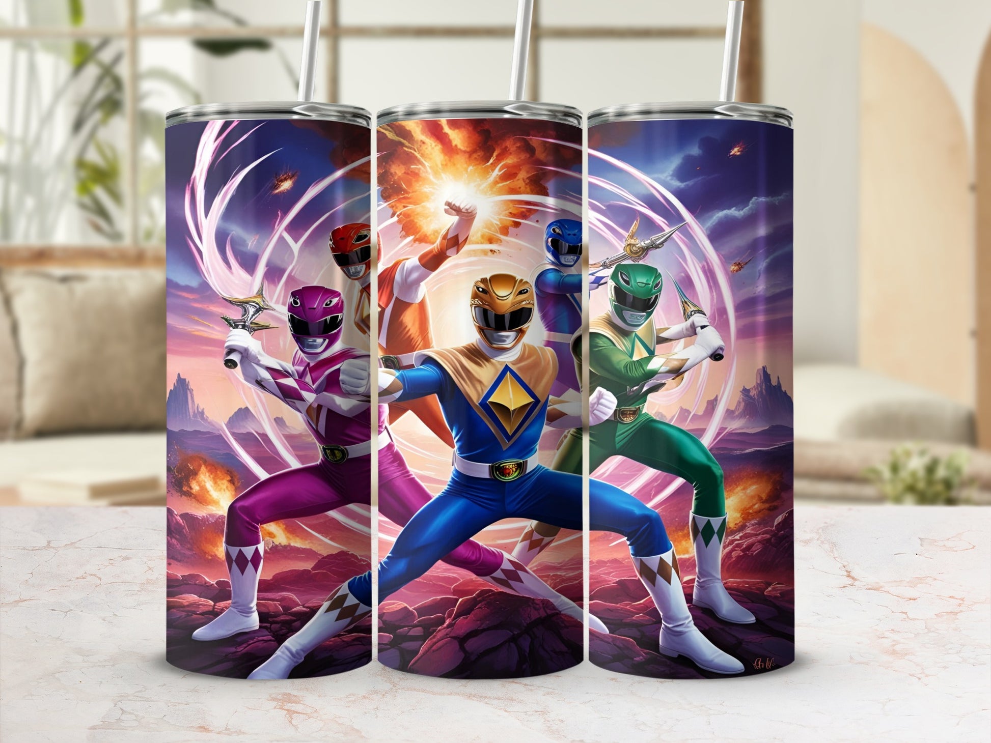 Three Power Rangers in action poses with fiery orange and purple backgrounds.