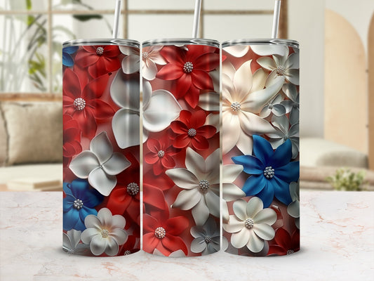 Three tumblers with red, white, and blue floral designs.
