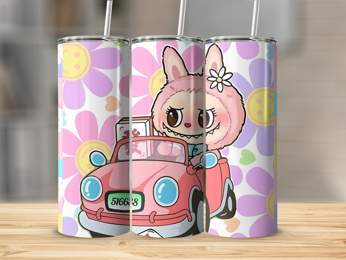 Cute Bunny Driving Car Floral Patterned Tumblers
