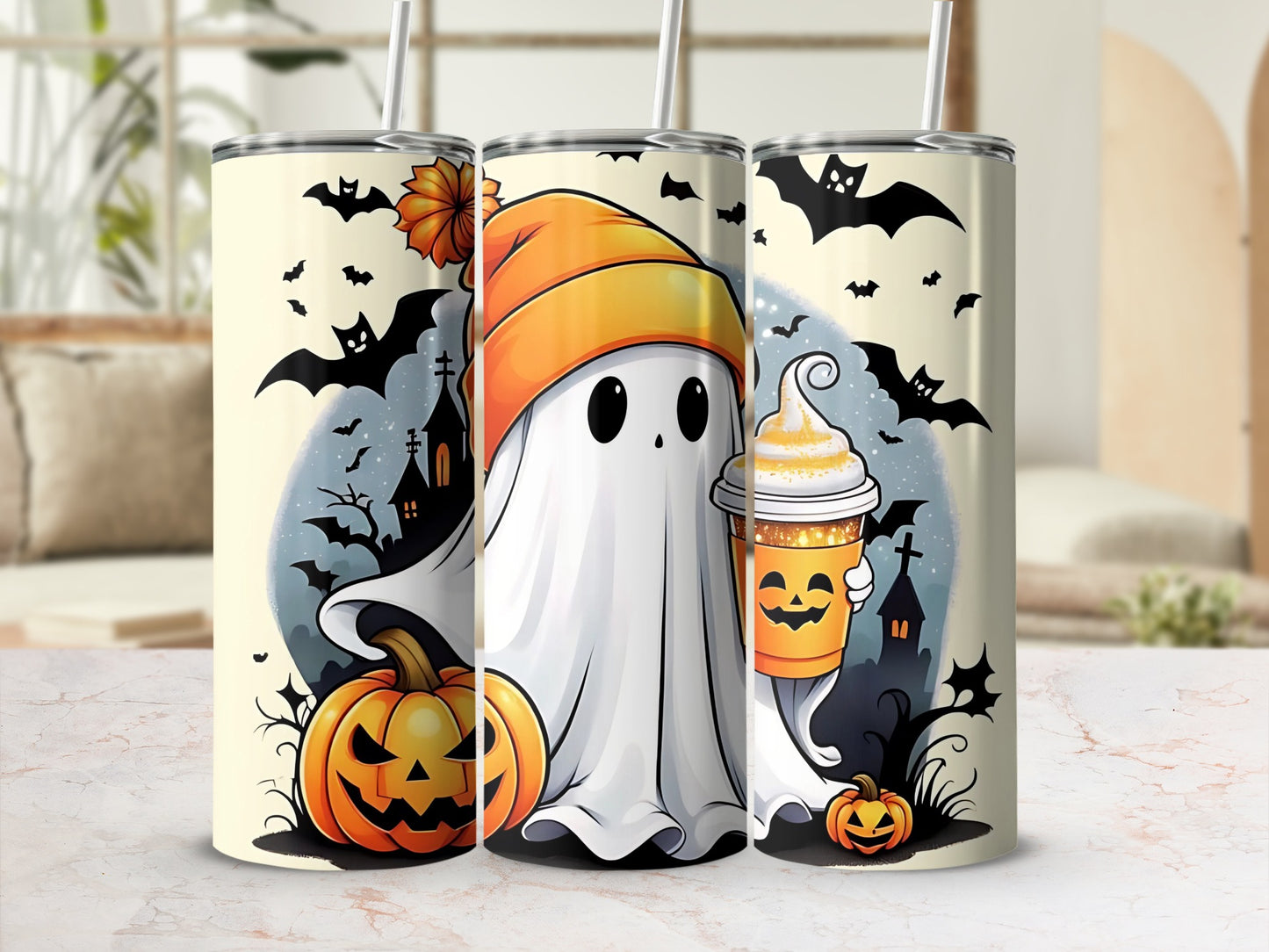 Spooky Halloween Ghost Tumbler with Pumpkin Lantern Design