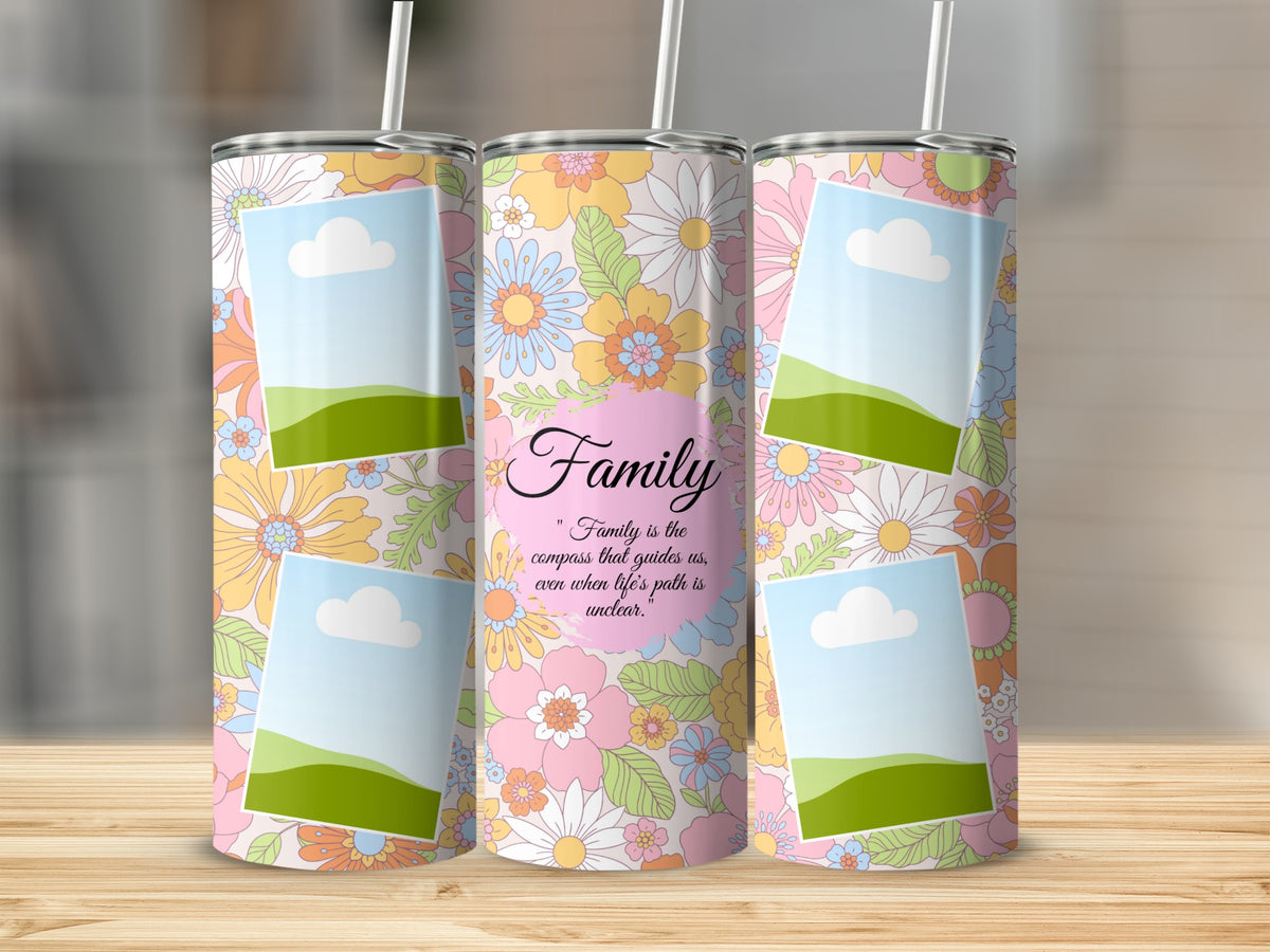 Tumblers with a retro floral pattern and the word "Family".