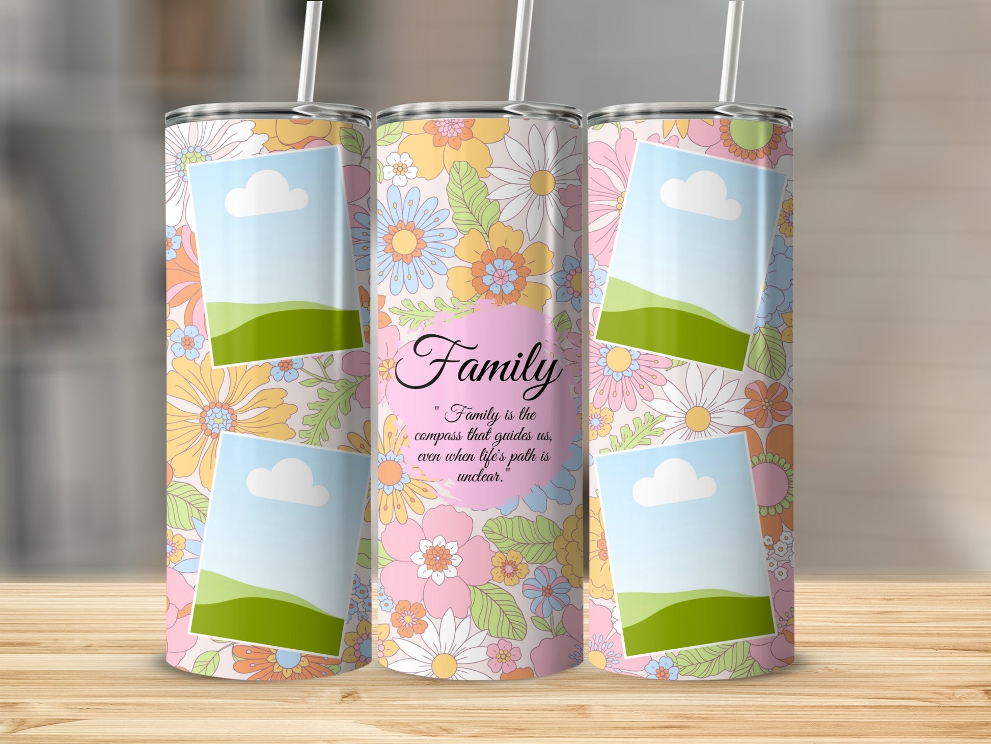 Tumblers with a retro floral pattern and the word "Family".