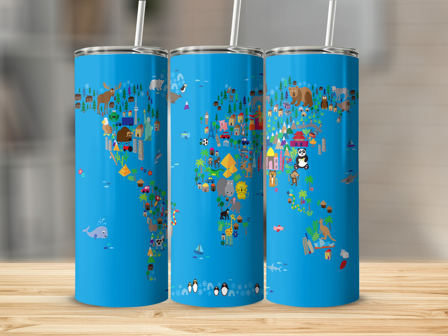 Three blue tumblers featuring a world map montage with animals, landmarks, and village icons.