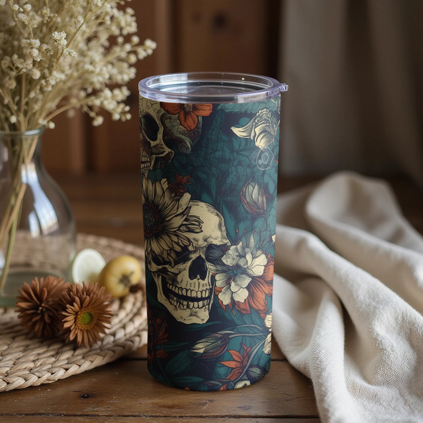Skull and Floral Design Insulated Tumbler Cup