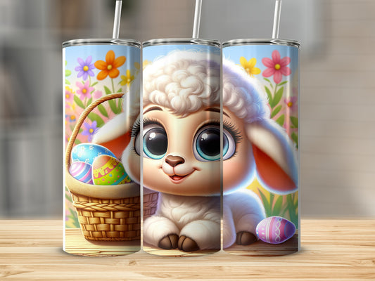 Cartoon lamb with basket of colorful Easter eggs and flowers.