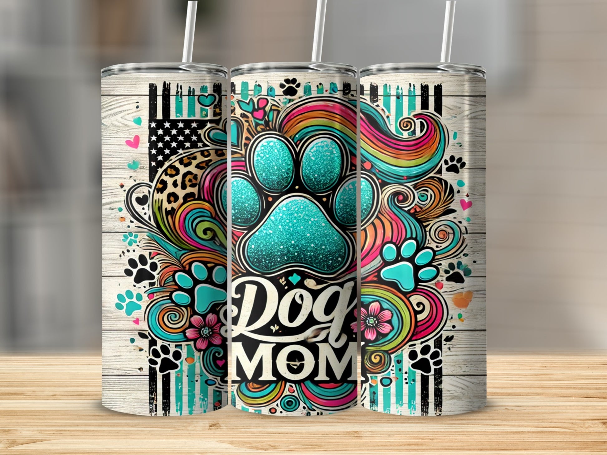 Colorful Dog Mom Tumbler with Paw Print Design Product