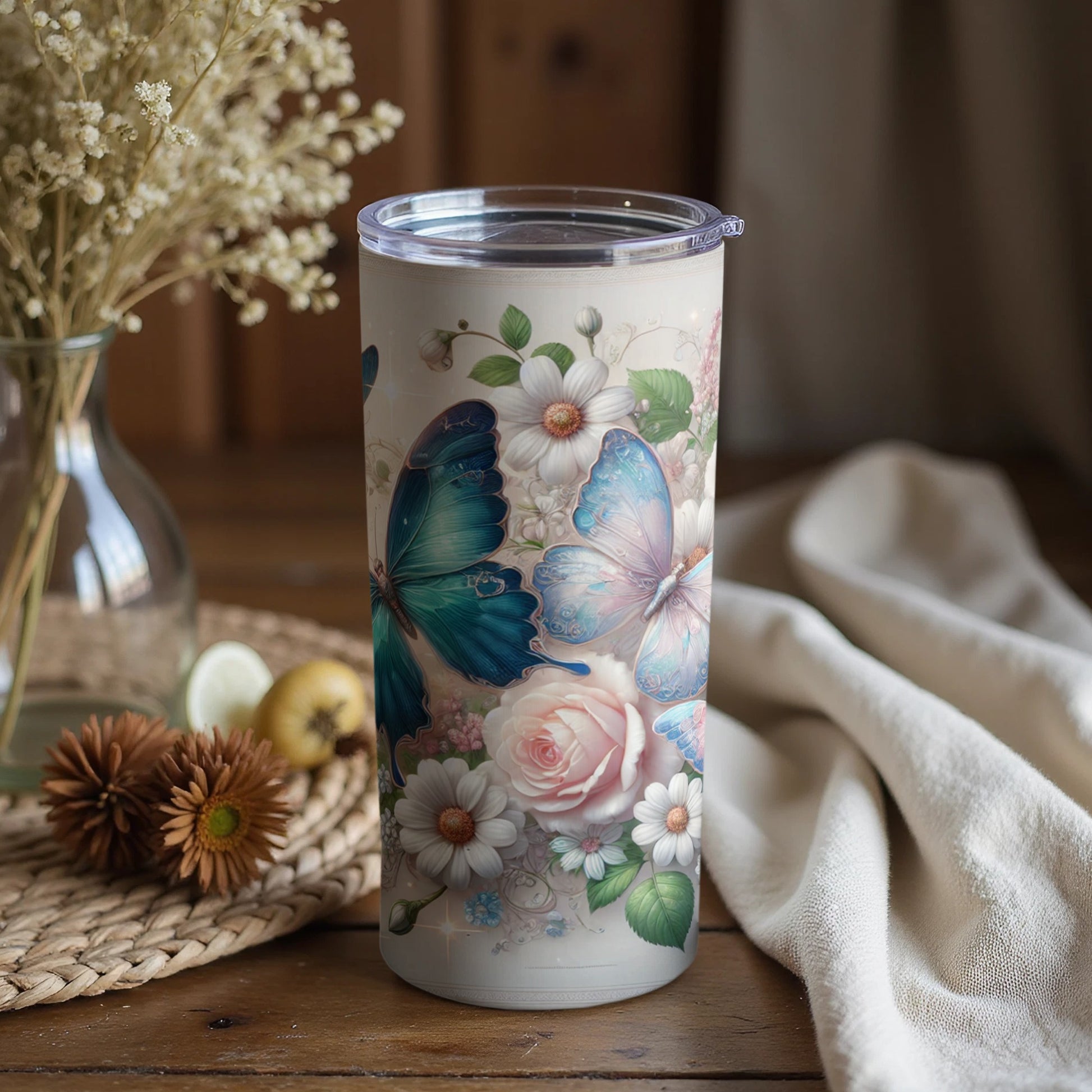 Blue Butterflies and Flowers Design Travel Tumbler