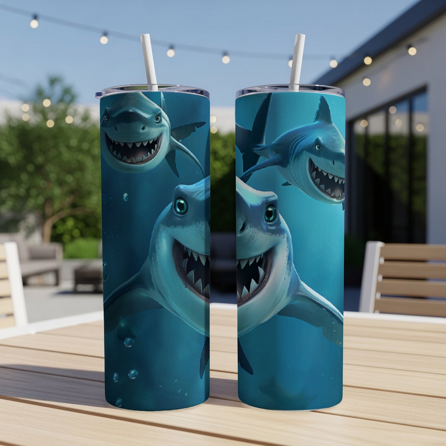 Two smiling cartoon sharks with wide open mouths on blue tumblers.