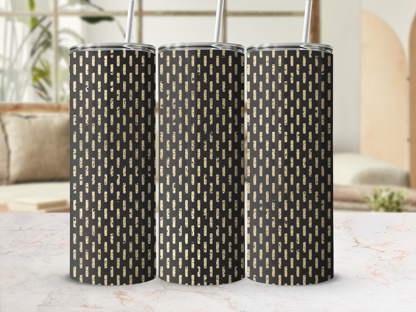 Three tumblers with a black background and a distressed gold dash pattern.
