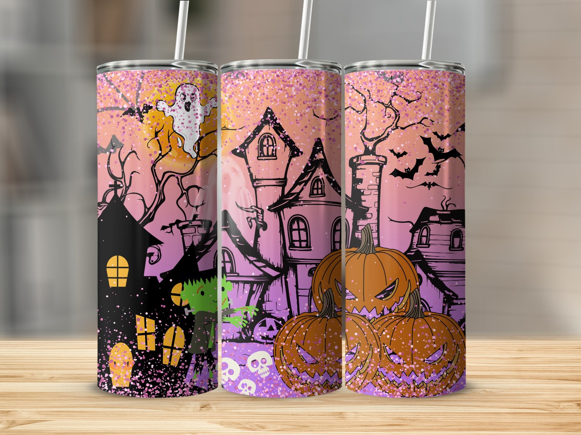 Spooky Halloween Haunted House and Pumpkins Tumbler