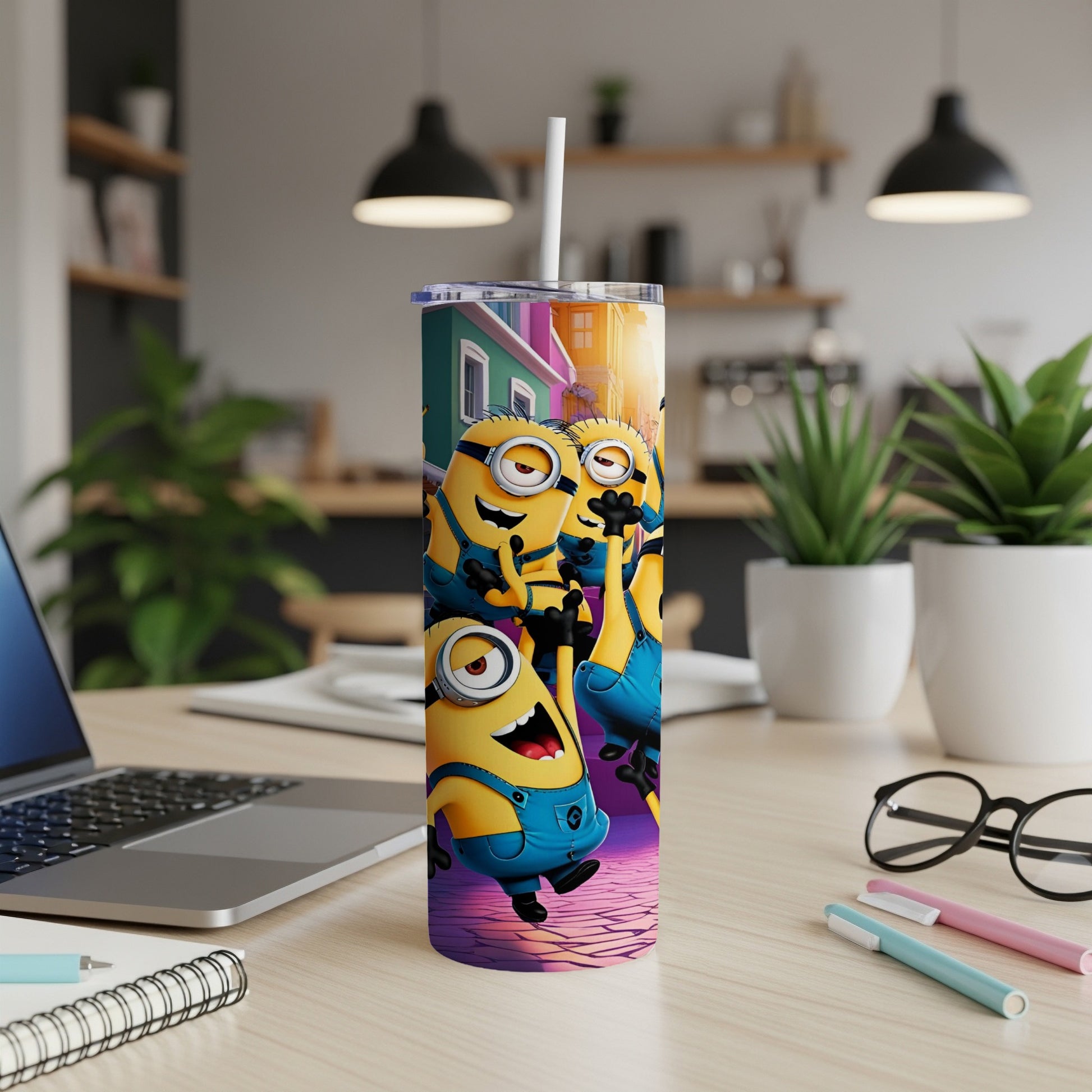 Minions characters on a colorful street, on a white tumbler.