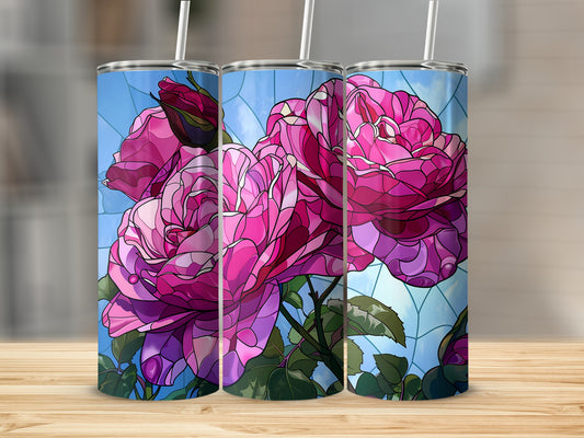 Three tumblers featuring a stained-glass rose design against a sky background.