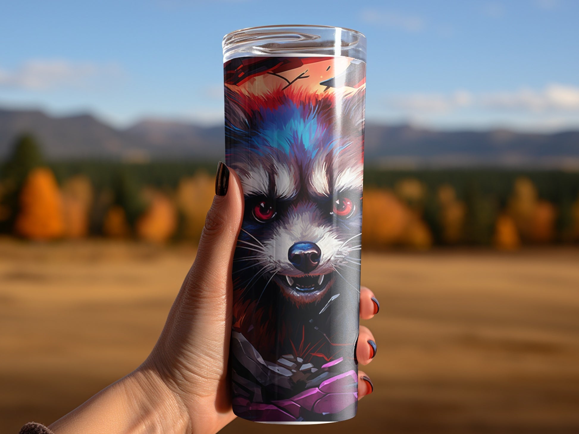 Colorful raccoon-themed insulated tumbler product