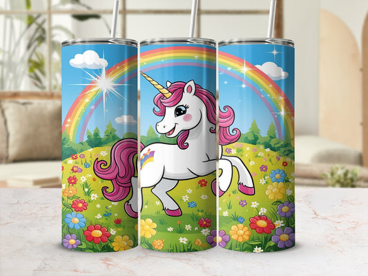 Unicorn with rainbow and flowers on a tumbler.